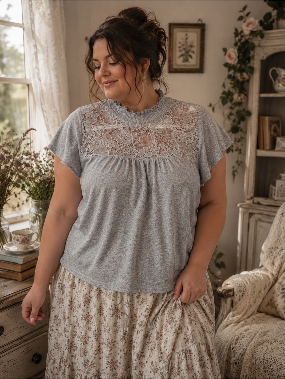 Adrienne Vittadini Flutter Sleeve Lace Yolk Romantic CottatgeCore Top Size 1X